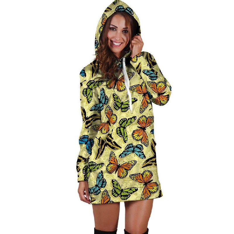 Yellow Butterfly Pattern Print Hoodie Dress