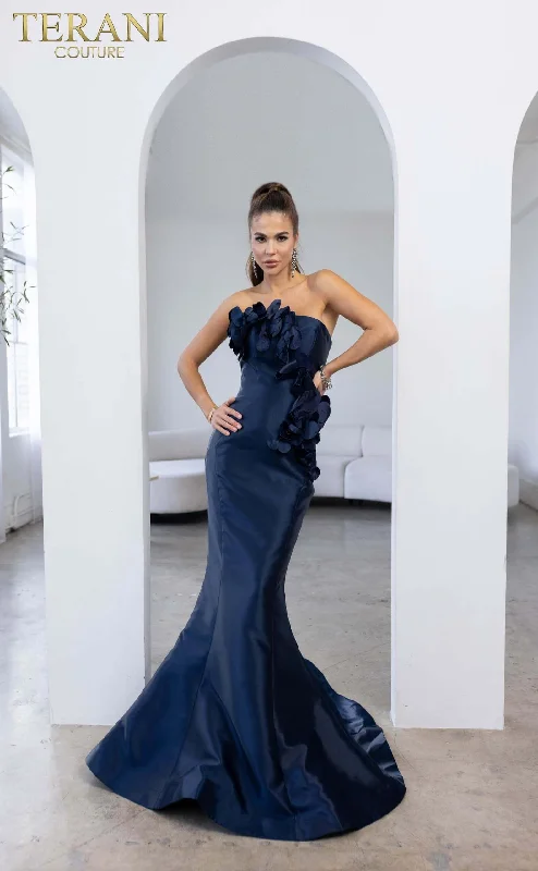 241E2512 TERANI Strapless Mikado Midnight Column Evening Dress