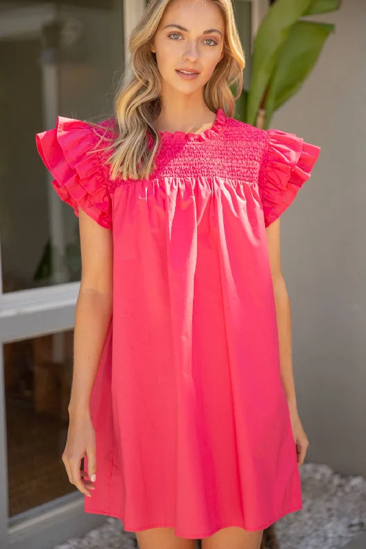 Coral Smocked Yoke Ruffle Poplin Dress