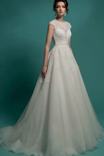 A-Line Floor-Length Jewel-Neck Cap-Sleeve Illusion Organza Dress With Appliques And Beading A-Line Floor-Length Jewel-Neck Cap-Sleeve Illusion Organza Dress With Appliques And Beading