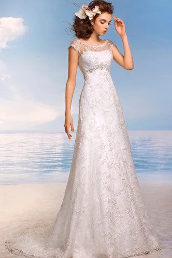 A-Line Floor-Length Scoop Cap-Sleeve Empire Illusion Lace Dress With Beading And Appliques A-Line Floor-Length Scoop Cap-Sleeve Empire Illusion Lace Dress With Beading And Appliques