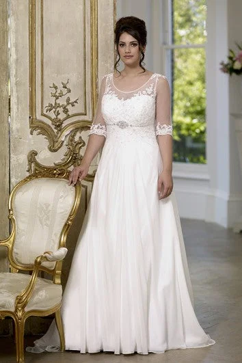 A-Line Floor-Length Scoop Neck Half Sleeve Empire Chiffon Sweep Train Low-V Back Appliques Dress A-Line Floor-Length Scoop Neck Half Sleeve Empire Chiffon Sweep Train Low-V Back Appliques Dress