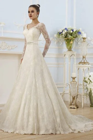 A-Line Floor-Length V-Neck Illusion-Sleeve Corset-Back Lace Dress With Appliques And Bow A-Line Floor-Length V-Neck Illusion-Sleeve Corset-Back Lace Dress With Appliques And Bow