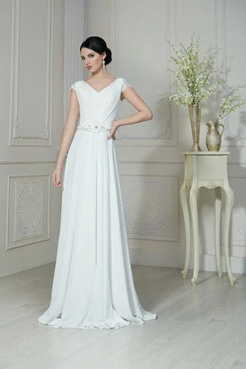 A-Line Floor-Length V-Neck Short-Sleeve Low-V-Back Chiffon Dress With Ruching And Beading A-Line Floor-Length V-Neck Short-Sleeve Low-V-Back Chiffon Dress With Ruching And Beading