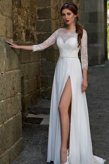 A-Line Long Jewel-Neck Illusion-Sleeve Zipper Chiffon Dress With Split Front And Beading A-Line Long Jewel-Neck Illusion-Sleeve Zipper Chiffon Dress With Split Front And Beading