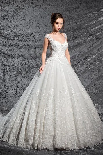 Ball Gown Floor-Length V-Neck Cap-Sleeve Corset-Back Lace Dress With Appliques And Pleats Ball Gown Floor-Length V-Neck Cap-Sleeve Corset-Back Lace Dress With Appliques And Pleats