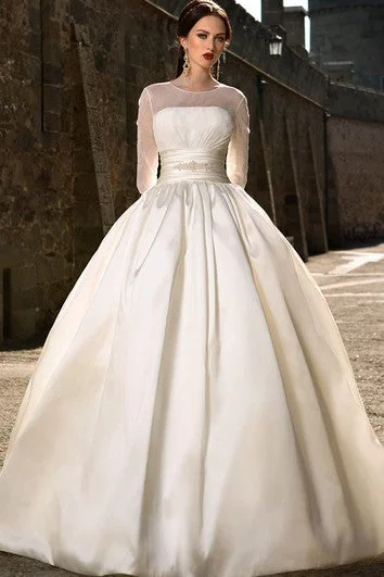 Ball Gown Long Jewel-Neck Illusion-Sleeve Illusion Satin Dress With Ruching And Beading Ball Gown Long Jewel-Neck Illusion-Sleeve Illusion Satin Dress With Ruching And Beading