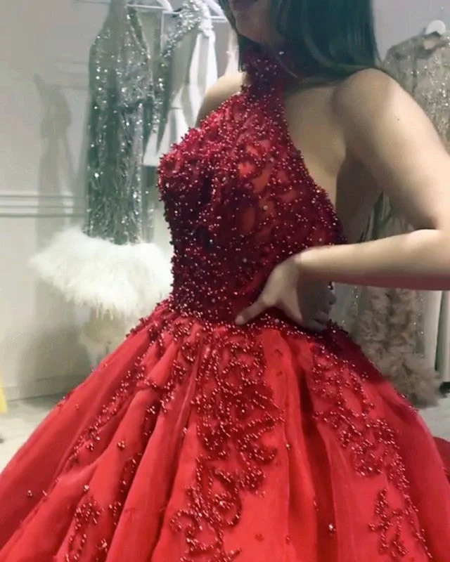 Crystal Beaded Halter Ball Gown Dresses Long Train