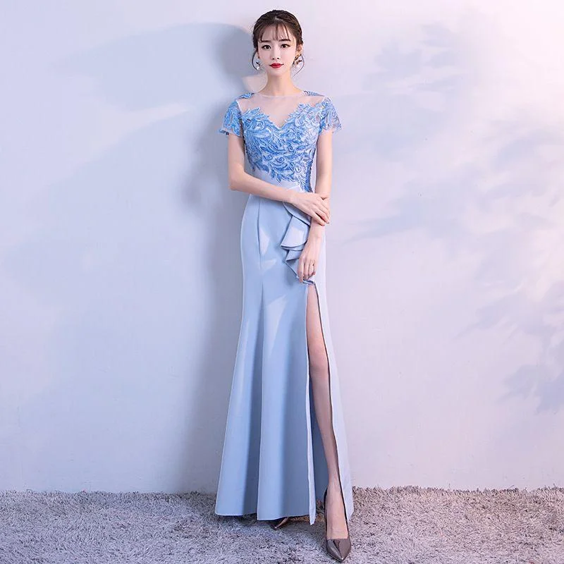 Fashion Irregular Ruffles Design Women Sexy Backless Side-slit Fishtail Dress