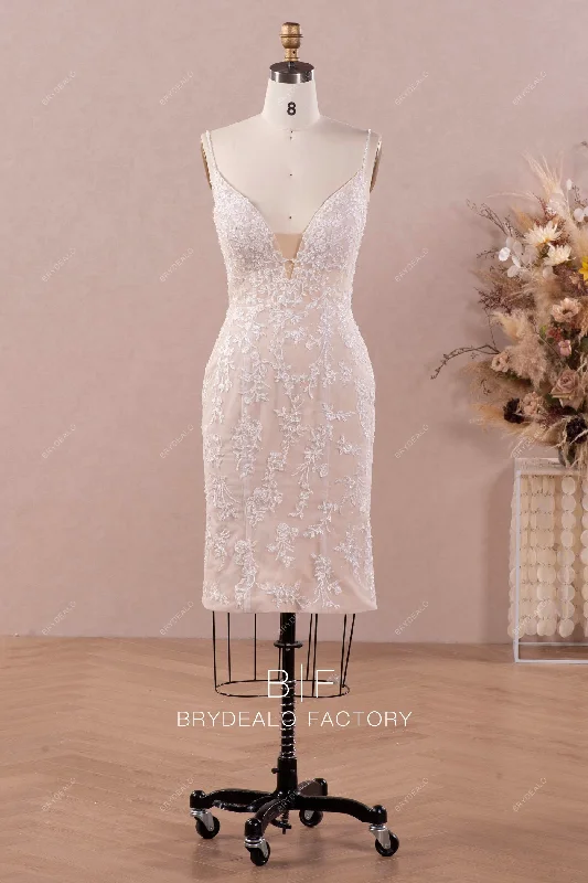Light Champagne Sheath Spaghetti Strap Lace Knee Length Bridal Dress