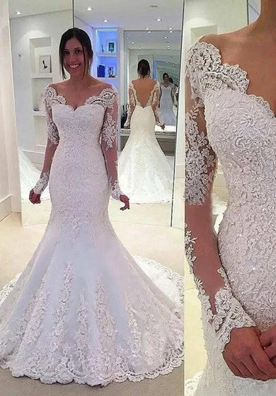 Long Lace Sleeve V Neck Mermaid Long Lace Dress