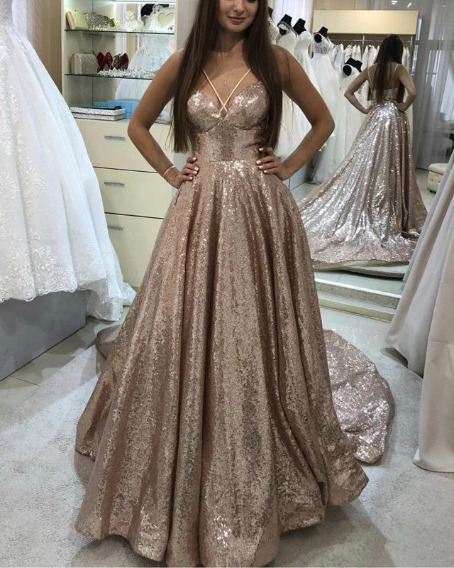 Long Sequins Criss Cross Halter Prom Dresses