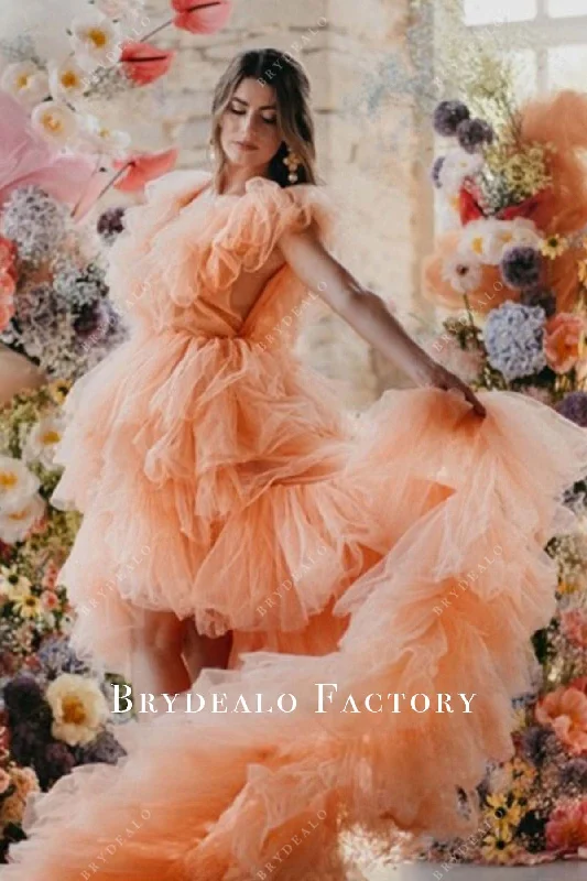 Peach Ruffled Tulle High-Low Open-Back Formal Dress