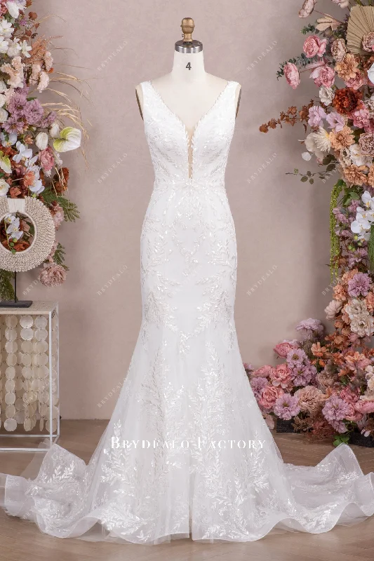 Plunging Neck Shimmer Lace Mermaid Horsehair Bridal Dress