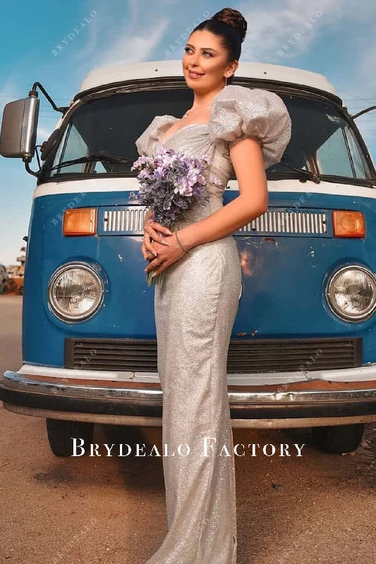 Silver Glitter Puffy Sleeves Floor Length Destination Bridal Dress