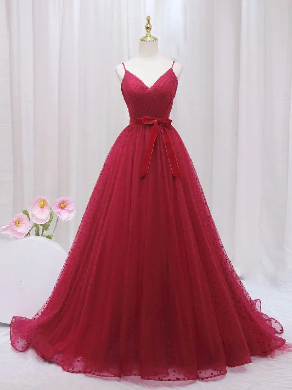 Red Spaghetti Strap Ball Gown Polka Dot Tulle Prom Dress Formal Dress