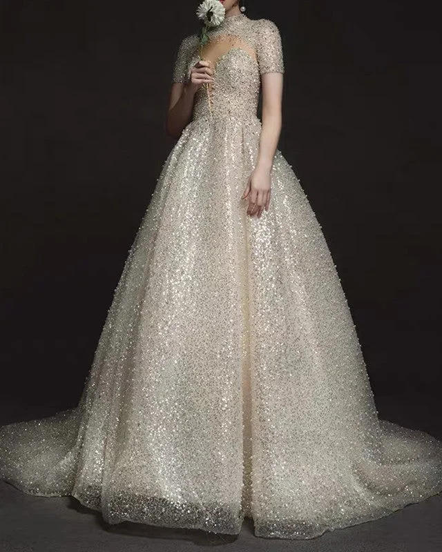Sequins Weddding Dress High Neck Cap Sleeves