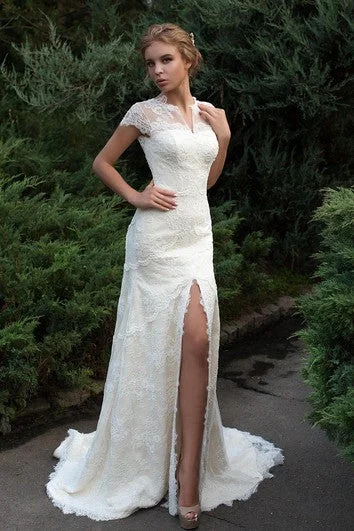 Sheath Floor-Length Jewel Cap-Sleeve Low-V-Back Lace Dress With Split Front And Tiers Sheath Floor-Length Jewel Cap-Sleeve Low-V-Back Lace Dress With Split Front And Tiers