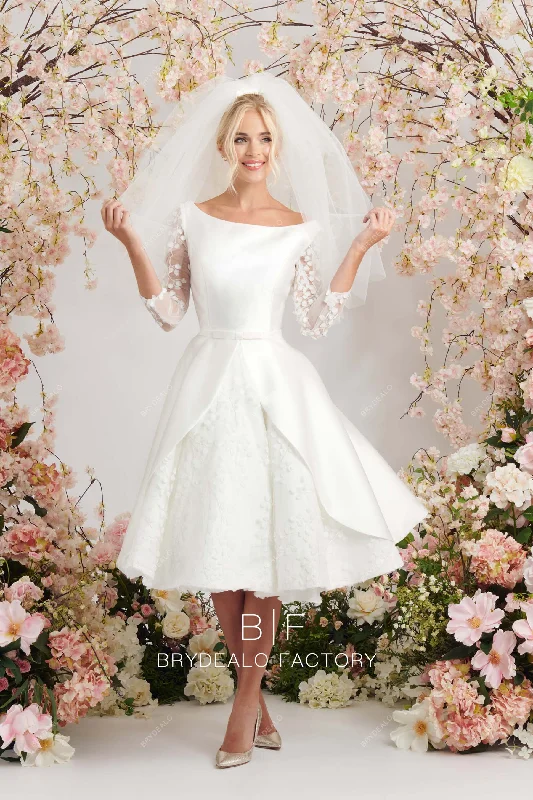Illusion 3/4 Sleeves Custom Lace Satin Boat Neck Short Bridal Dress