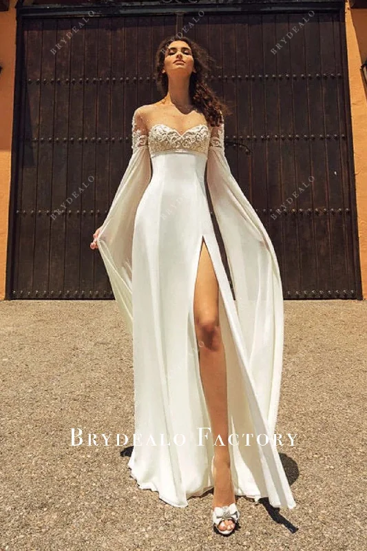 Long Slit Sleeve Lace Empire Sweep Train Boho Bridal Dress