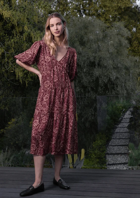 "Sophia" Short Puff Sleeve, V-Neck, Sangria Dress