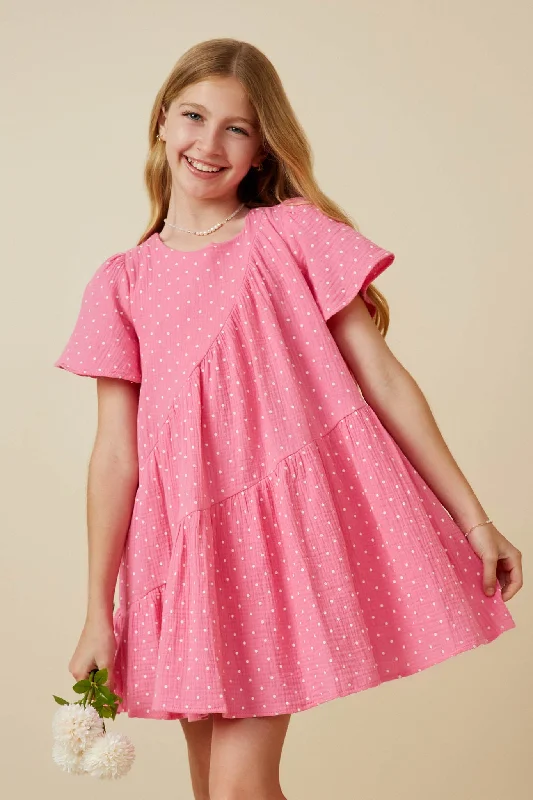 Textured Polka Dot Gauze Asymmetric Paneled Dress