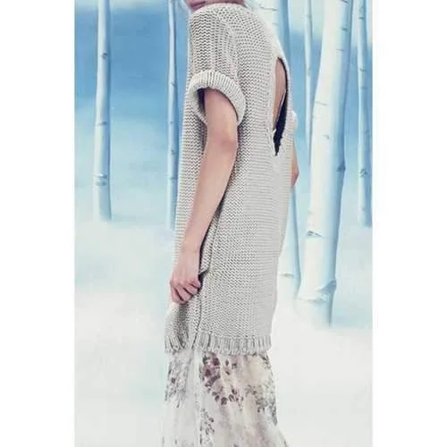Stylish Round Collar Solid Color Back Cut Out Women's Sweater Dress - Light Gray S