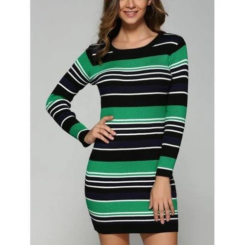 Stretchy Multicolor Striped Slim Dress - Green One Size