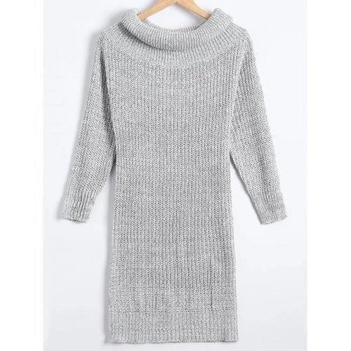 Sheath Turtleneck Chunky Sweater Dress - Light Gray One Size