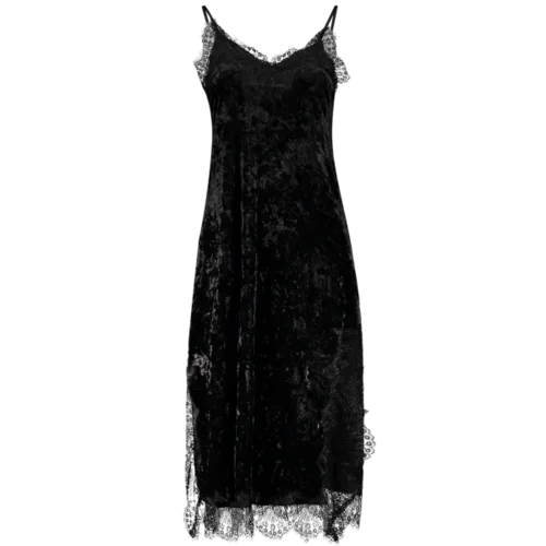 Spaghetti Strap Lace Trim Velvet Dress - Black S