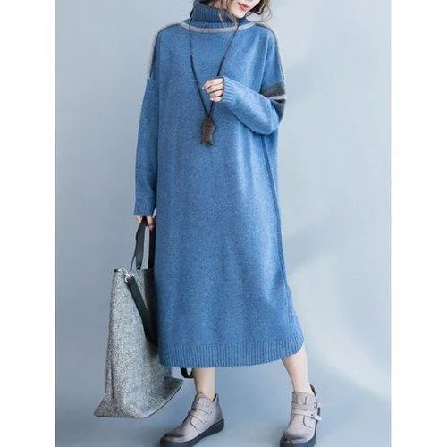 Turtle Neck Loose Sweater Dress - Light Blue One Size