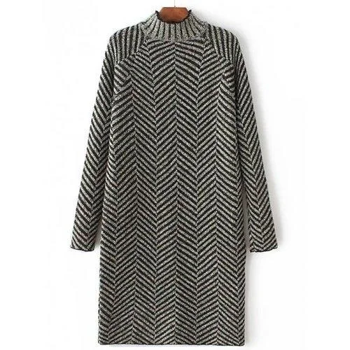 High Neck Stripe Heather Shift Sweater Dress - Deep Green One Size