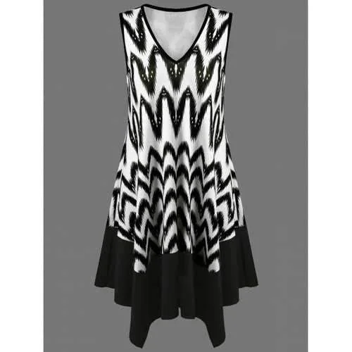 Zigzag Asymmetrical Casual Tank Dress Fashion - White And Black L