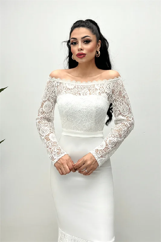 Upper Guipure Lace Lower Double Fabric Boat Collar Evening Dresses - White