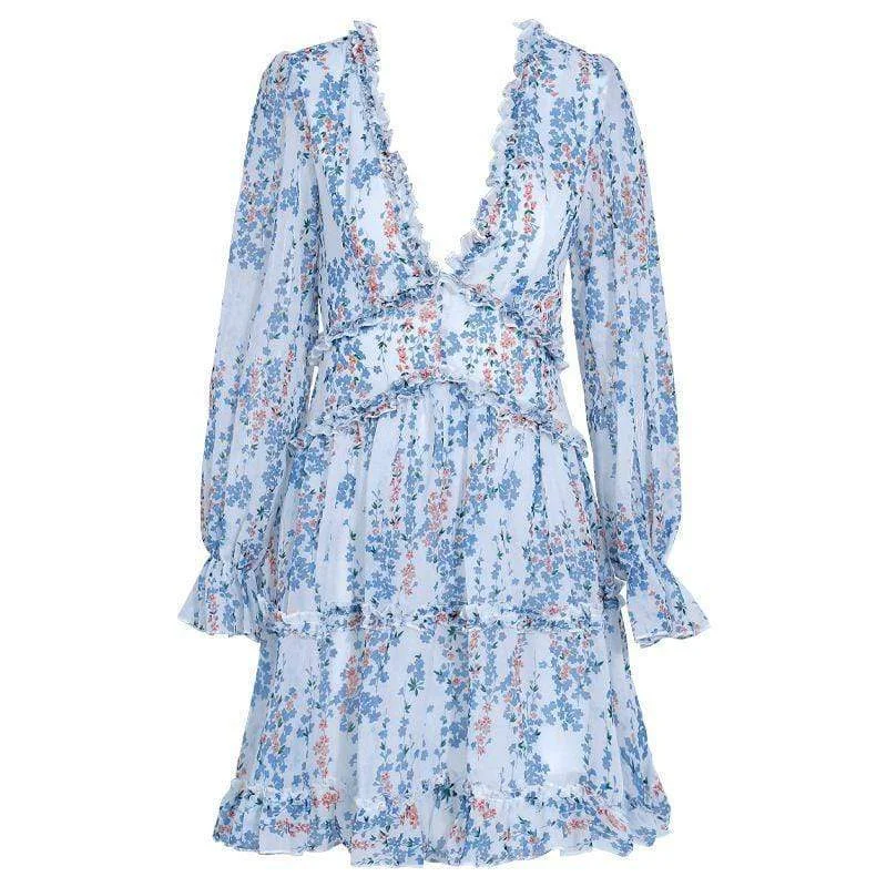 Women Good Quality Ruffled Long-sleeve Flower Print V Neck Cocktail Dress