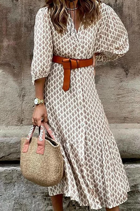 Cream + Brown Patterned Button Down Long Length Dress