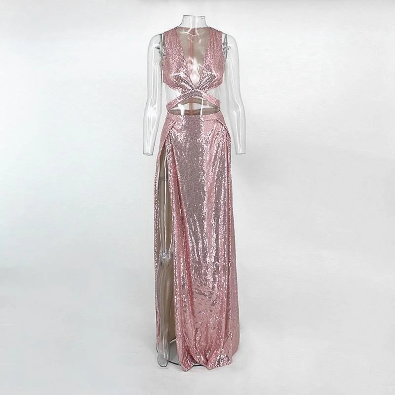 Women Sexy Deep V Neck Backless Side-slit Sequin Design Evening Dress