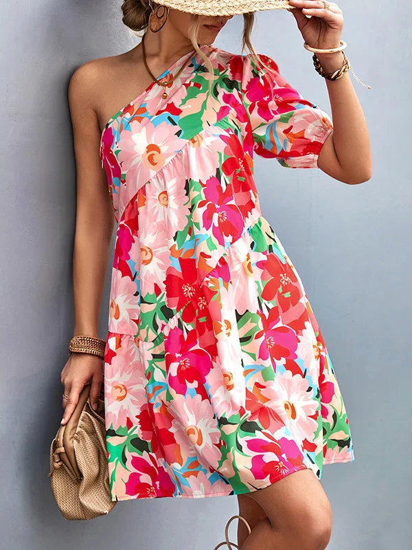 Zjkrl - A-Line Bishop Sleeve Flower Print Split-Joint One-Shoulder Mini Dresses Tunics Sale discount Zjkrl - A-Line Bishop Sleeve Flower Print Split-Joint One-Shoulder Mini Dresses Tunics Sale discount