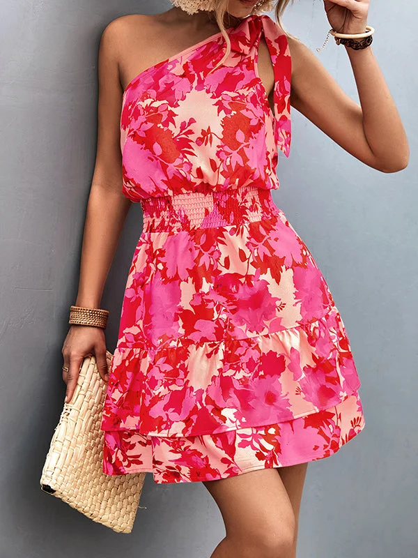 Zjkrl - A-Line Sleeveless Elasticity Flower Print Split-Joint Tied Tiered One-Shoulder Mini Dresses Tunics Gym athletic Zjkrl - A-Line Sleeveless Elasticity Flower Print Split-Joint Tied Tiered One-Shoulder Mini Dresses Tunics Gym athletic