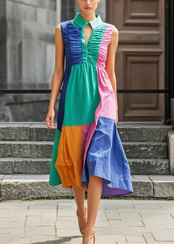 Art Multicolor Stand Collar Patchwork Wrinkled Cotton Dress Summer Tunics Vintage classic Art Multicolor Stand Collar Patchwork Wrinkled Cotton Dress Summer Tunics Vintage classic