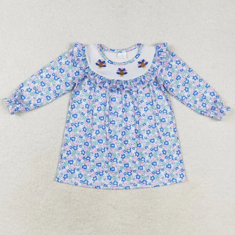 Baby Girls Dress Blue Floral Thanksgiving Turkey Knee Length Dresses GLD0600 Tunics Custom made Baby Girls Dress Blue Floral Thanksgiving Turkey Knee Length Dresses GLD0600 Tunics Custom made