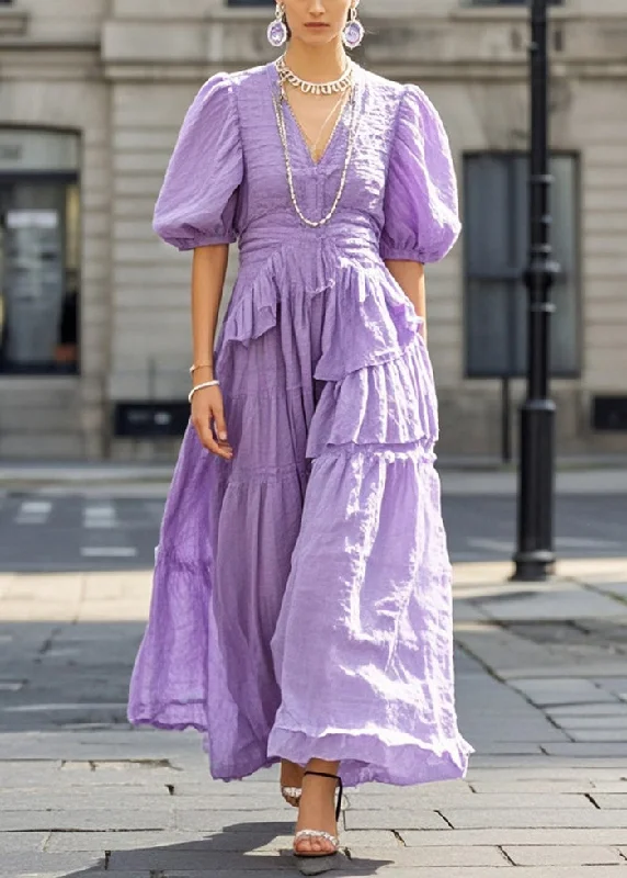 Beautiful Purple Puff Sleeve Exra Large Hem Cotton Long Dresses Tunics Cozy comfortable Beautiful Purple Puff Sleeve Exra Large Hem Cotton Long Dresses Tunics Cozy comfortable