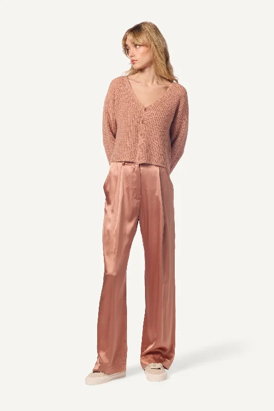 BIANCO CASHMERE CHUNKY WAFFLE STITCH  CROPPED V-NECK CARDIGAN | DEEP APRICOT Toggled Drawstring Belted