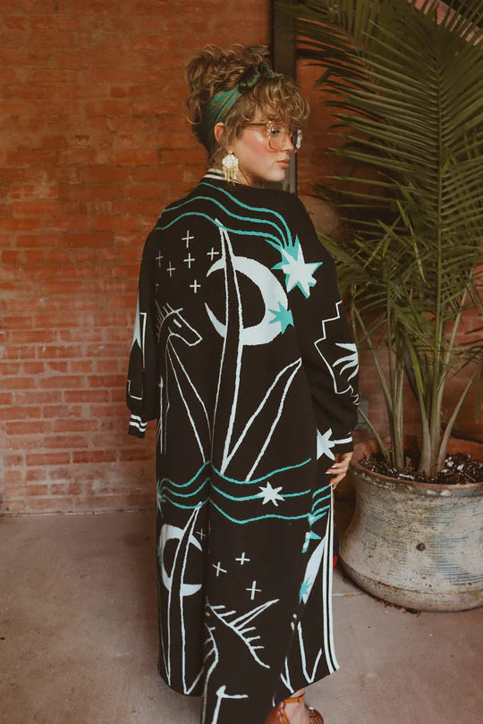 ALLIE FALCON Dark Horse Maxi Cardigan Spandex Blend Rayon Blend Denim Blend