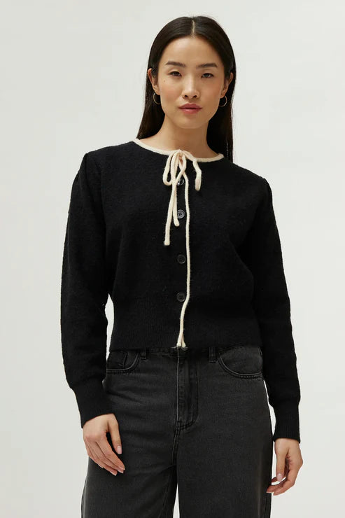 Bow Knit Cardigan - Black Boat Neck Shawl Collar Notched Collar