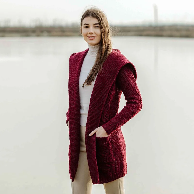 Women's Aran Knit Hooded Long Cardigan, Wine Nylon Fabric Polyester Fabric Spandex Fabric Women's Aran Knit Hooded Long Cardigan, Wine Nylon Fabric Polyester Fabric Spandex Fabric