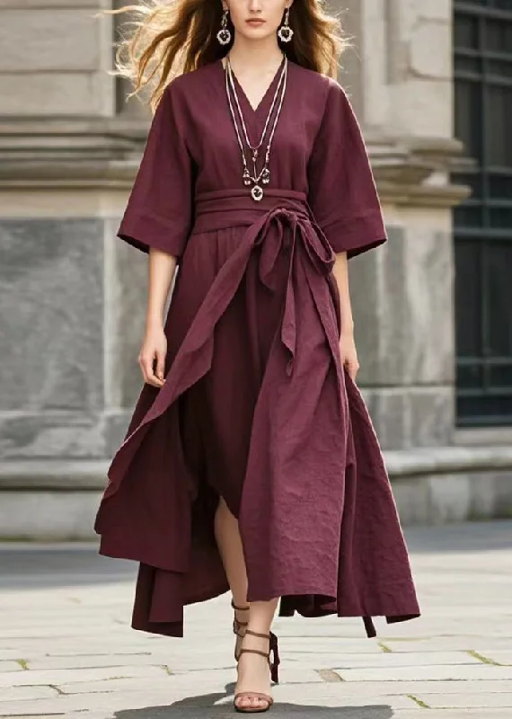 Chic Mulberry Tie Waist Exra Large Hem Cotton Robe Dresses Summer Tunics Sophisticated sleek Chic Mulberry Tie Waist Exra Large Hem Cotton Robe Dresses Summer Tunics Sophisticated sleek
