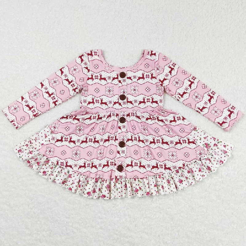 Christmas Deer Print Baby Girls Dress Long Sleeve Twirl Dresses GLD0433 Square Neckline Feminine Christmas Deer Print Baby Girls Dress Long Sleeve Twirl Dresses GLD0433 Square Neckline Feminine