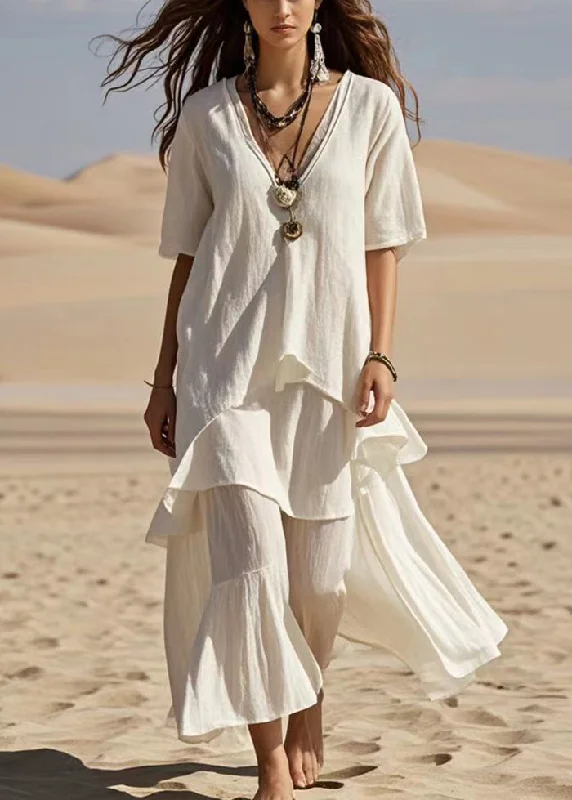 Fitted White V Neck Asymmetrical Design Cotton Ankle Dress Summer Crew Neckline Casual Fitted White V Neck Asymmetrical Design Cotton Ankle Dress Summer Crew Neckline Casual