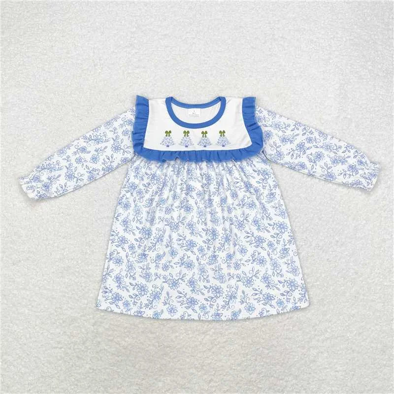 GLD0673 Baby Girls Blue Flowers Christmas Trees Knee Length Dresses Tunics Gym athletic GLD0673 Baby Girls Blue Flowers Christmas Trees Knee Length Dresses Tunics Gym athletic